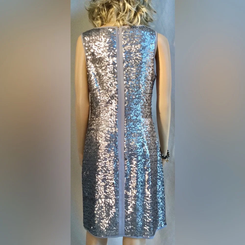 VINCE CAMUTO silver and gray sequined shift midi dress Sleeveless Crew neck S 6 - Picture 3 of 14